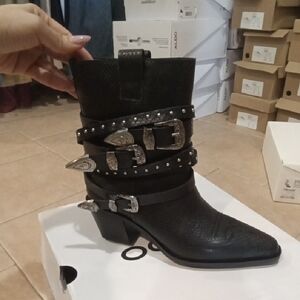 Aldo Black Western Buckle Ankle Boots with Silver Hardware